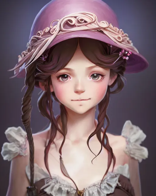 Prompt: a girl as ( fantasy personification of chocolate cupcake ), character design, cute hats, victorian inspired clothing, unreal engine, highly detailed, smooth, digital illustration by artgerm, studio ghibli, sharp focus, artstation. ribbons, fractal swirls. bakery background by studio ghibli, makoto shinkai, global illumination, blender, maya 8 k