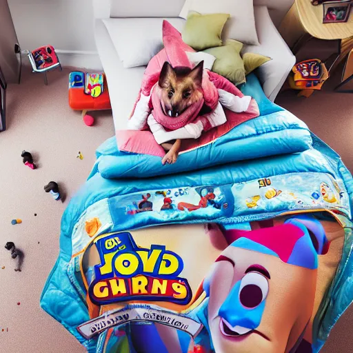 Image similar to eye - level view, in a child's bedroom filled with toys, a super cute gsd runs around in circles on an unmade bed with a toy story comforter, hilarious, funny, back to school comedy, cg animation, 3 d octane render, imax 7 0 mm,