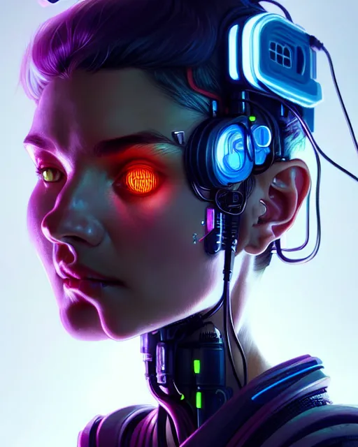 Prompt: portrait, cute, cyberpunk, wires, horror, highly detailed, digital painting, cinematic, hyperrealism, dark retrowave, art by stanley lau and artgerm and magali villeneuve and alphonse mucha, artstation, octane render, cgsociety