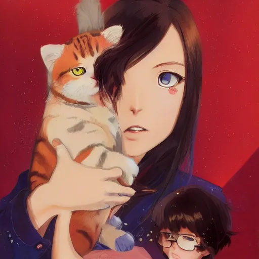 Image similar to A fantastic girl with big and cute eyes, holding a cat || VERY ANIME, fine-face, realistic shaded perfect face, fine details. Anime. realistic shaded lighting poster by Ilya Kuvshinov katsuhiro otomo ghost-in-the-shell, magali villeneuve, artgerm, Jeremy Lipkin and Michael Garmash, Rob Rey and Kentarõ Miura style, trending on art station