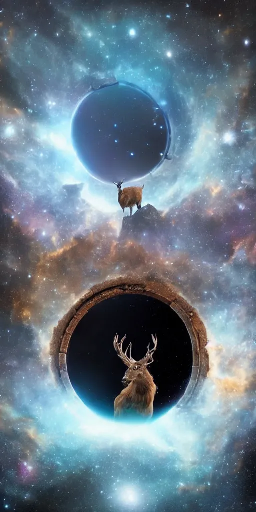 Image similar to a deer peering into a giant portal into the universe in the shape of a keyhole to the nebulae and galaxies, an eagle flying, beautiful matte painting by weta workshop 4 k, cinematic dramatic atmosphere, dramatic lighting, trending on artstation