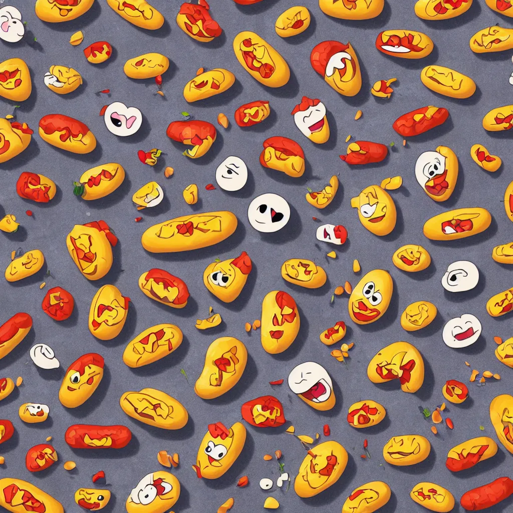 Prompt: an Instagram post of a small emoji grid of a cartoon hotdog, happy, sad, angry, laughing