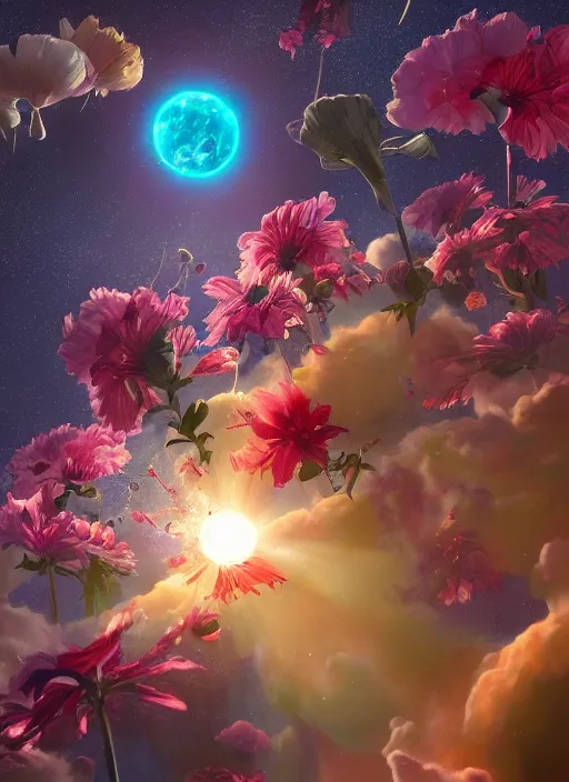 Image similar to An epic fantastic realism comic book style painting of the most beautiful flowers launched into space, bouquets, solar eclipse, fisheye, unreal 5, DAZ, hyperrealistic, octane render, dynamic lighting