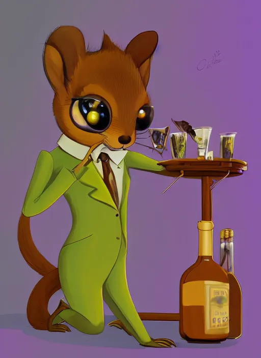 Image similar to squirrel anthro as a dapper bartender with a big fluffy tail, retro futurism, art deco, detailed painterly digital art by Cory Loftis, 🐿🍸🍋, furaffinity, trending on artstation