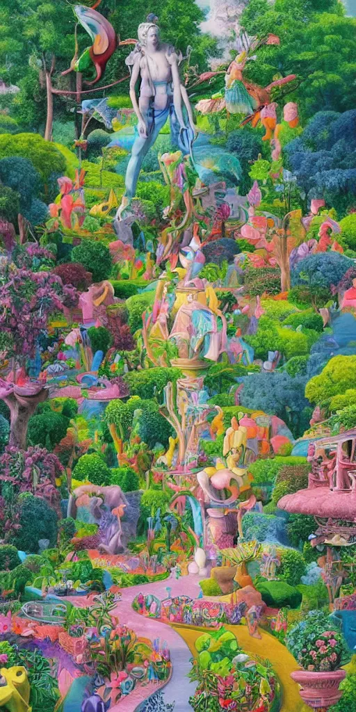 Image similar to bosch and beeple!!!!!!! ( ( ( ( ( ( ( and lisa frank ) ) ) ) ) ) ) painting of a magnificent garden filled with remarkable sculptures, trees, and structures, incredible details