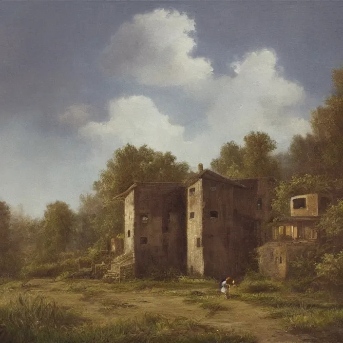 Image similar to a building in a serene landscape, romanticism art