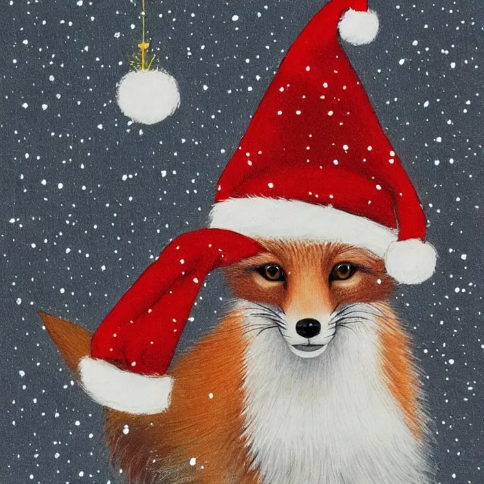 Prompt: a cute fox wearing a christmas hat by koson ohara