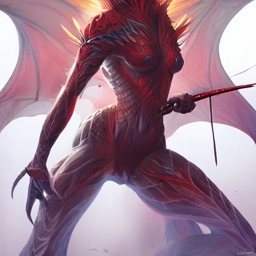 Image similar to photo of a beautiful female dragon, anthropomorphic, sharp focus, illustration, ultra real, masterpiece, glowing holy aura by magali villeneuve and stanley artgerm lau, wlop,