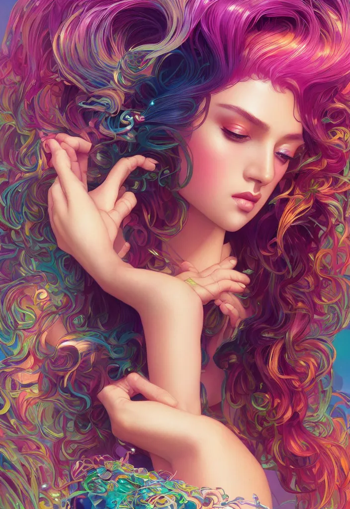 Image similar to beautiful, young woman, detailed gorgeous face, vaporwave aesthetic, synthwave, colorful, psychedelic, artstation, concept art, smooth, extremely sharp detail, finely tuned detail, ultra high definition, 8 k, unreal engine 5, ultra sharp focus, illustration, art by artgerm, greg rutkowski and alphonse mucha