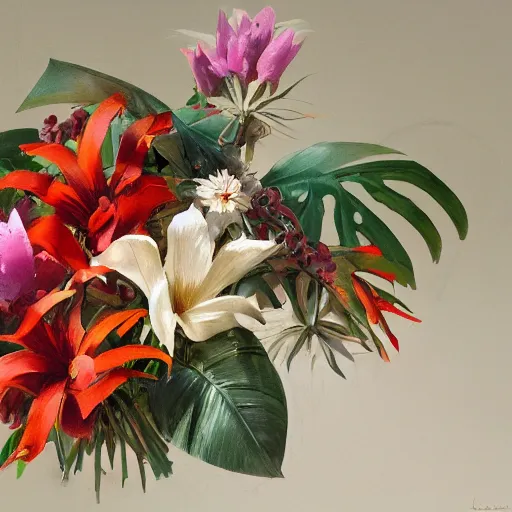 Image similar to Concept art, Contemporary tropical flower bouquet, 8k, james gurney, greg rutkowski, john howe, artstation