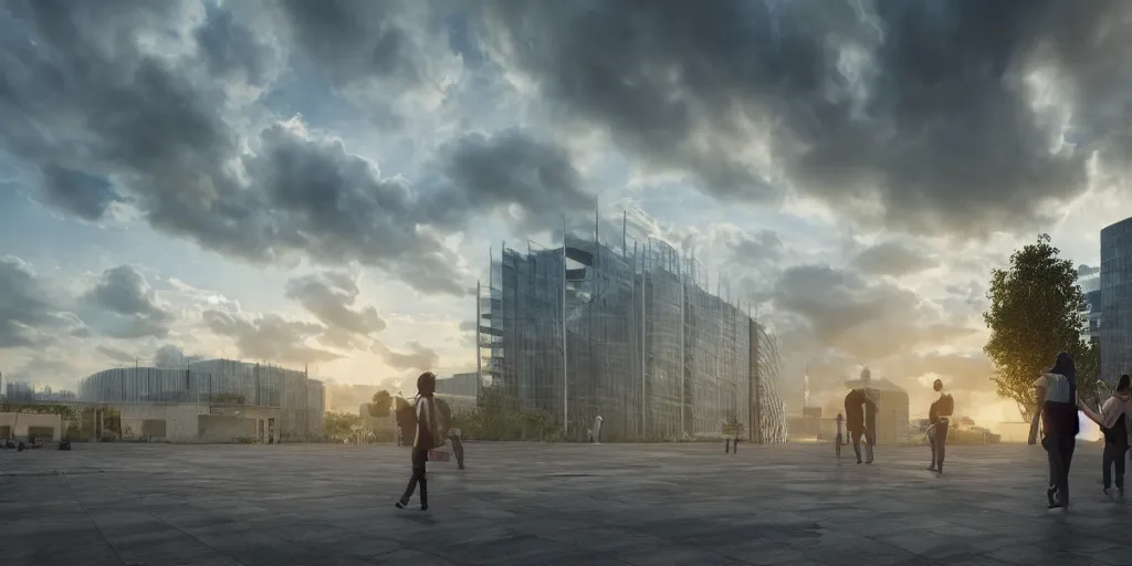 Image similar to extremely detailed photorealistic architectural visualization,corona octane render, vray chaos group, correct composition, building in high-tec style, award architecture detailed, with correct lines and correct perspective, on the beautiful cloudy sky sunset background and detailed beautiful people walking around