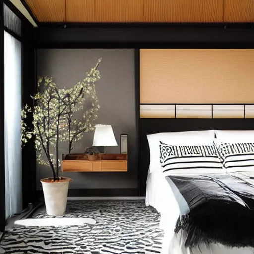 Image similar to bedroom, stone, interior design, stylish luxury hotel bedroom design, yakisugi, black vertical slatted timber, textures, feminine, black walls, art, Japanese pottery vase with flowers, Japanese influences