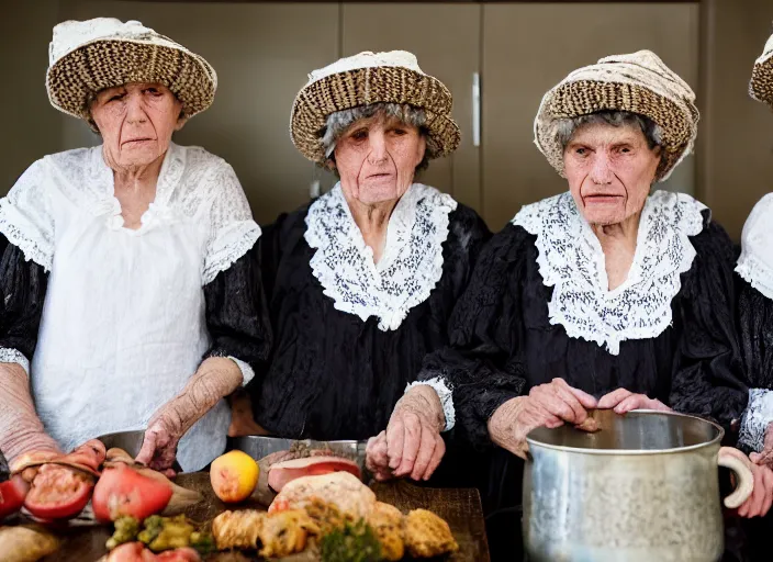 Prompt: close up of three old women from brittany with hats in white lace and dark folk costumes in a kitchen. they look visibly angry. crisp colors.