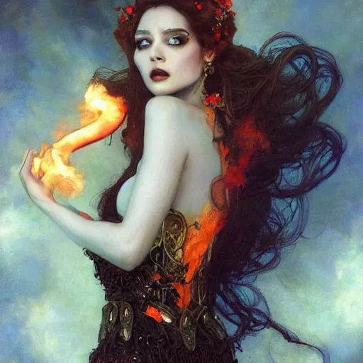 Image similar to a masterpiece full body portrait a beautiful Persephone, queen of the underworld in Hades, beautiful face, flawless skin, flames and smoke in background, by Edgar Maxence and Ross Tran and Michael Whelan
