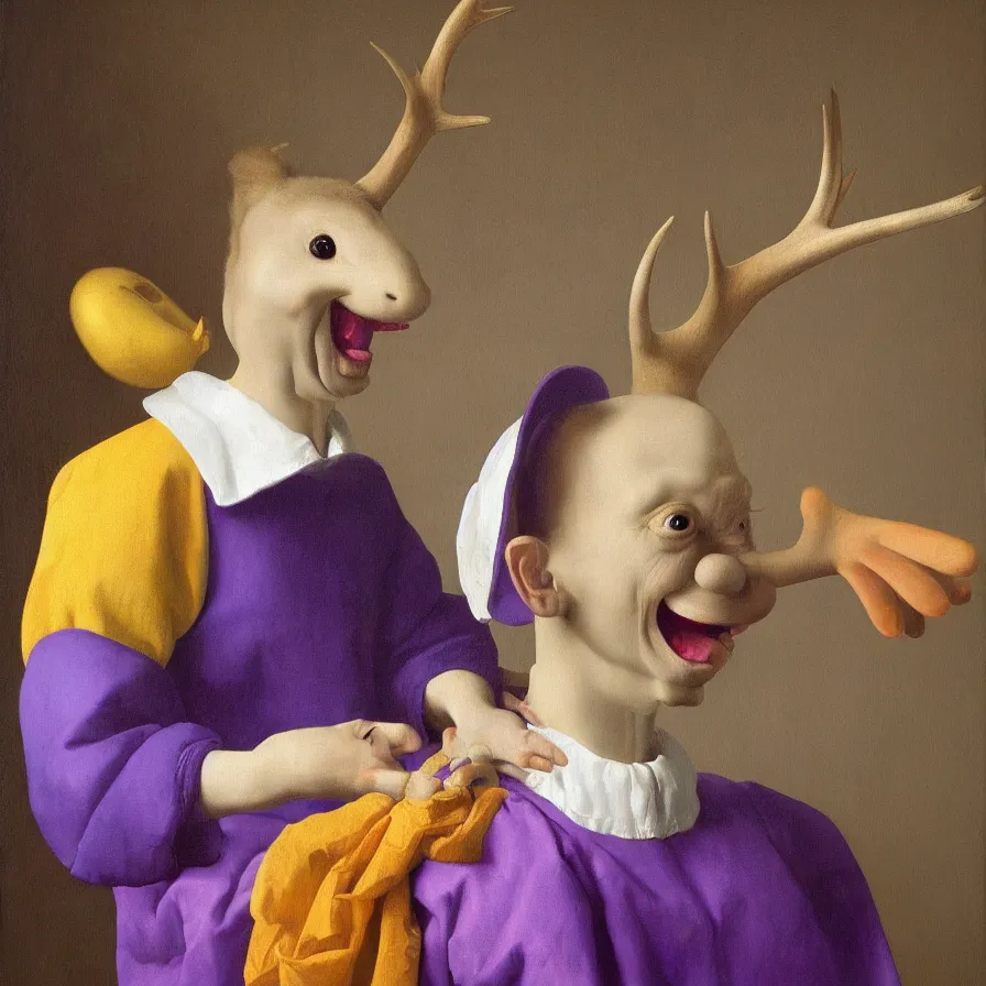 Prompt: rare hyper realistic portrait painting by vermeer, studio lighting, brightly lit purple room, a blue rubber ducky with antlers laughing at a giant crying rabbit with a clown mask