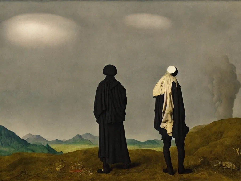 Image similar to albino mystic, with his back turned, looking at a storm over over the mountains in the distance, with dinosaur. Painting by Jan van Eyck, Audubon, Rene Magritte, Agnes Pelton, Max Ernst, Walton Ford