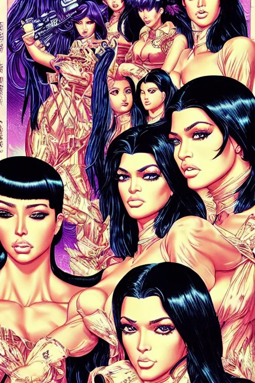 Image similar to poster of the kardashians, by yoichi hatakenaka, masamune shirow, josan gonzales and dan mumford, ayami kojima, takato yamamoto, barclay shaw, karol bak, yukito kishiro