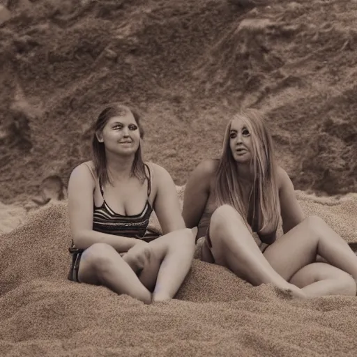 Prompt: portrait decontracted women sitting on beach sand