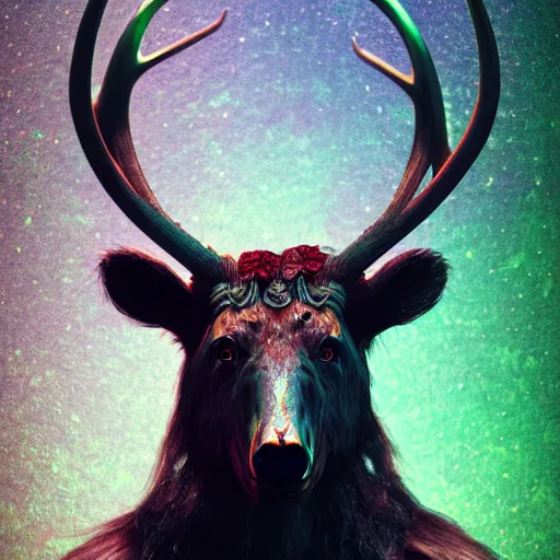 Prompt: photorealistic celtic antlered bear. hyperdetailed photorealism, 1 0 8 megapixels, amazing depth, glowing rich colors, powerful imagery, psychedelic overtones, 3 d finalrender, 3 d shading, cinematic lighting, artstation concept art