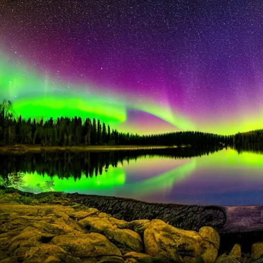 Image similar to a lake in the woods, night time, starry sky, aurora borealis, wide lens, beautiful scenery