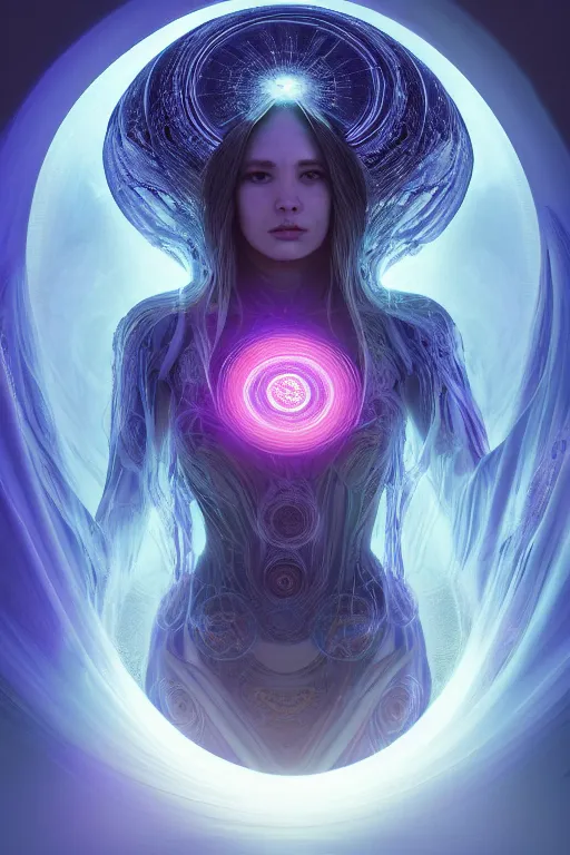 Prompt: a centered render of a goddess emitting a glorious energy from a circular portal on her head and is surrounded by spiral mandel bulb fractals, powerful, cinematic, beautifully lit, by artgerm, by h. r. giger, 3 d, trending on artstation, octane render, 8 k