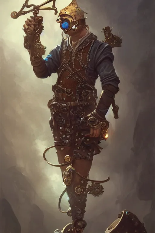 Image similar to male medieval merfolk artificer, steampunk eye, prosthetic leg, highly detailed, d & d, fantasy, portrait, highly detailed, headshot, digital painting, trending on artstation, concept art, sharp focus, illustration, art by artgerm and greg rutkowski