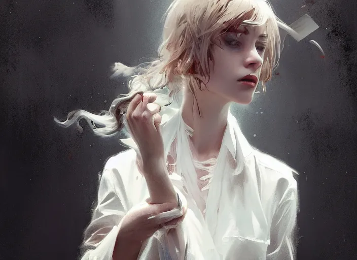 Image similar to white dress girl chasing from grim reaper, messy hair, messy lines, scared face, beautiful and aesthetic and attractive and detailed face, dramatic situation, specular reflection, occlusion shadow, intricate, bokeh, by ilya kuvshinov and jeremy lipking and quentin mabille