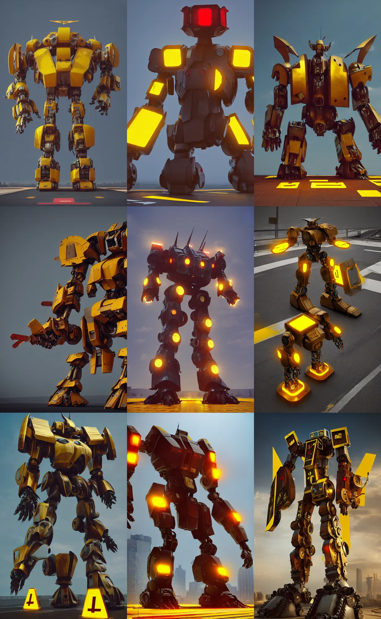 Prompt: giant mecha gladiator made of yellow road signs and a red stop sign on its head, character design trending on artstation, mecha, unreal engine, octane render, detailed model, hardsurface modelling, epic battle, heavily stylized