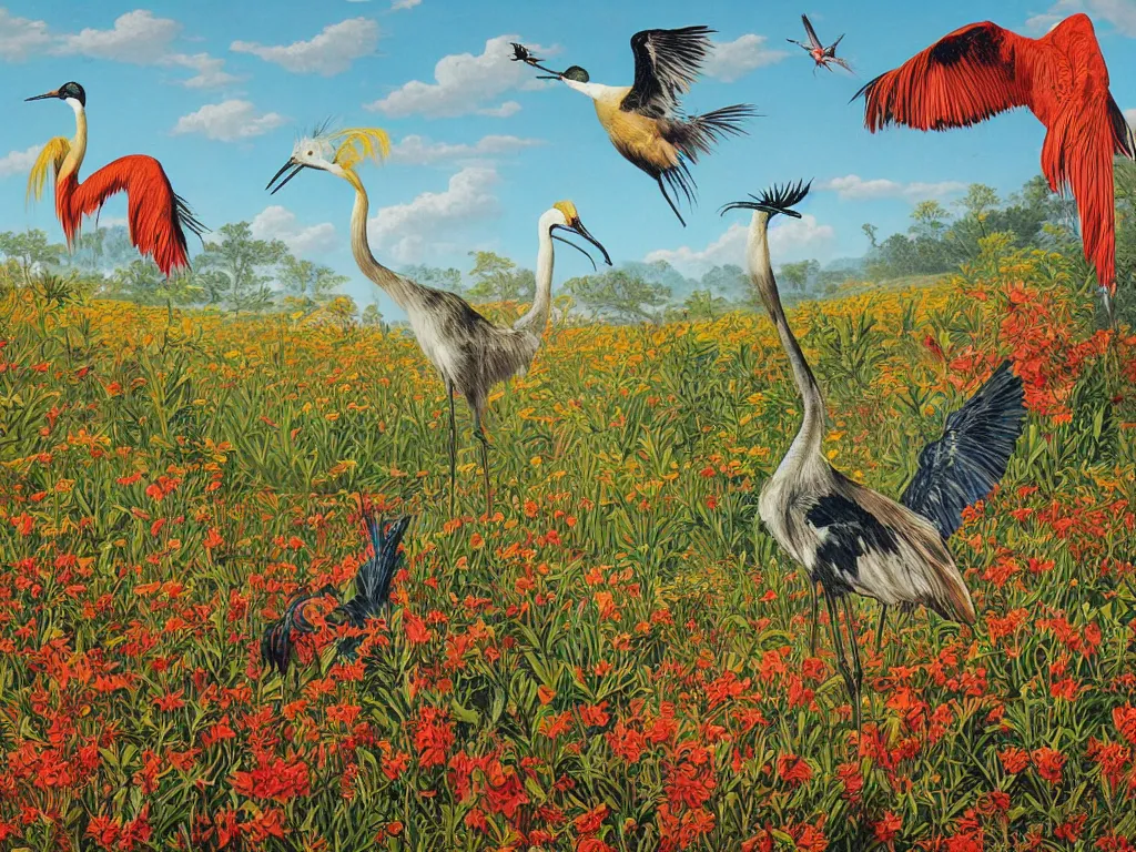 Prompt: hyper bullish Crane birds wearing cowboy hats drinking Uncle Aloysius brand snake oil stimulant tonic formula in a wild west flower field in formosa. Colorful painting by Audubon