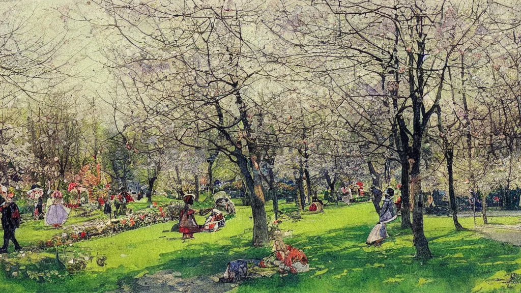 Image similar to gorgeous painting of a park in spring by carl larsson