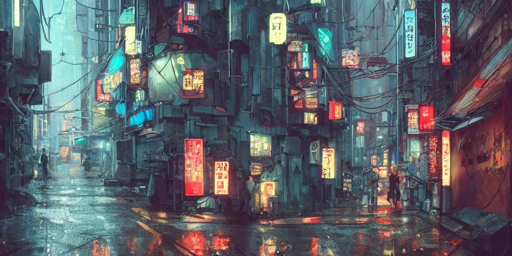 Image similar to Cyberpunk back alley on a rainy day in Japan, low angle view, detailed matte painting, cinematic, Moebius, Artstation