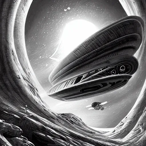 Image similar to digital painting of interstellar visitor in a biological spacecraft by filipe pagliuso and justin gerard, black and white, fantasy, highly, detailed, realistic, intricate