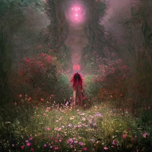 Image similar to a beautiful terrifying monster made of flowers. ethereal horror fantasy art by greg rutkowski and monet