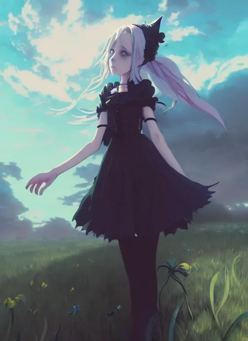 Image similar to portrait of gothic alice from wonderland, cloudy sky background lush landscape illustration concept art anime key visual trending pixiv fanbox by wlop and greg rutkowski and makoto shinkai and studio ghibli