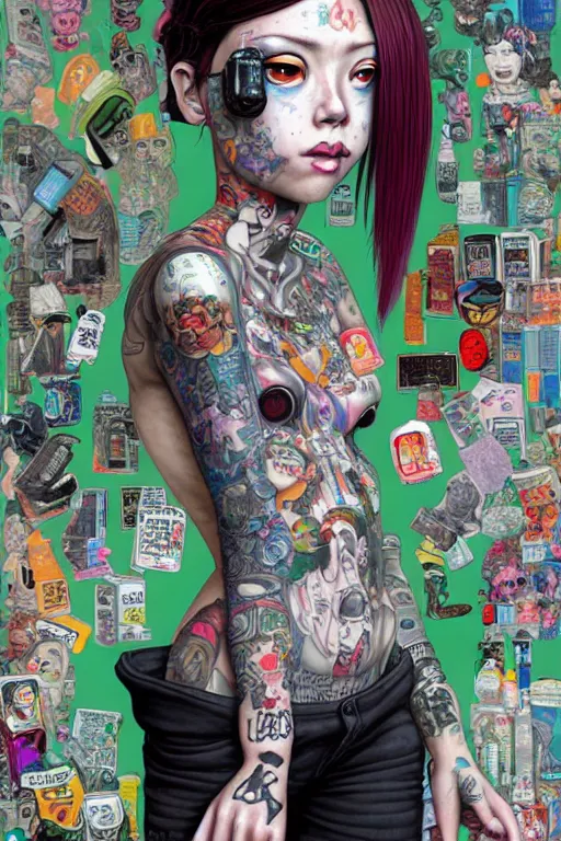 Prompt: full view, from a distance, of anthropomorphic trashcan who is a girl with tattoos from the novel neuromancer by william gibson, style of yoshii chie and hikari shimoda and martine johanna, highly detailed