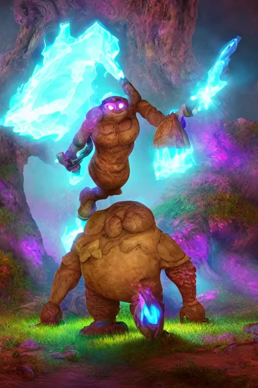 Image similar to arcane fantasy art giant golem elemental wood rock bastion forged gemstone enchanted forest troll, global illumination ray tracing hdr fanart arstation by sung choi and eric pfeiffer and gabriel garza and casper konefal lisa frank zbrush central hardmesh