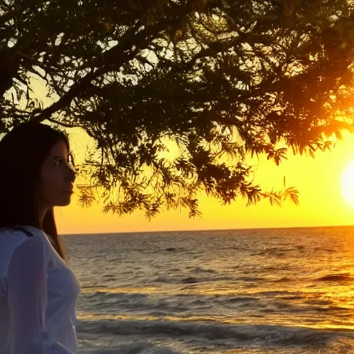 Prompt: portrait of brunette woman standing back and looking to the sunset in mexican gulf