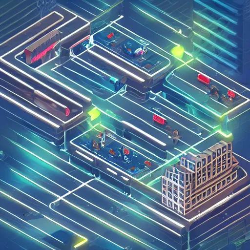 Prompt: isometric highly detailed cyberpunk city at night, traffic jams and endless apartment blocks, refinery pipes