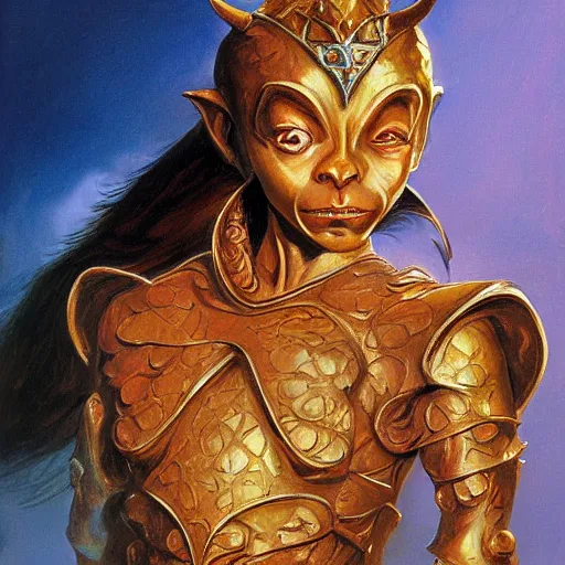 Image similar to portrait of ethereal young goblin princess in golden armour by Boris Vallejo