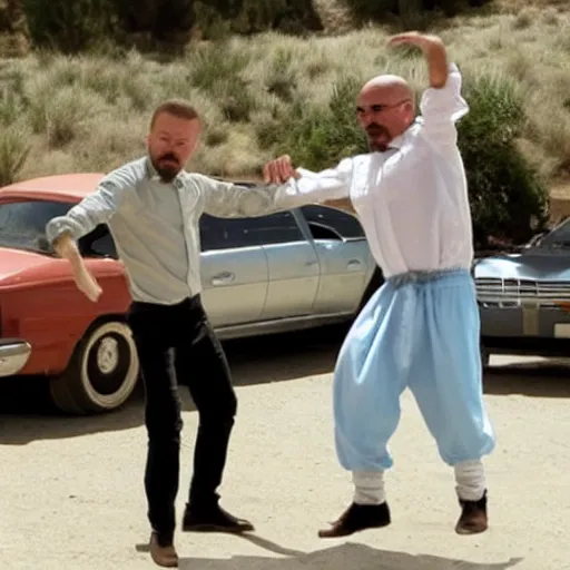 Image similar to Walter white dancing dabke with jesse pinkman