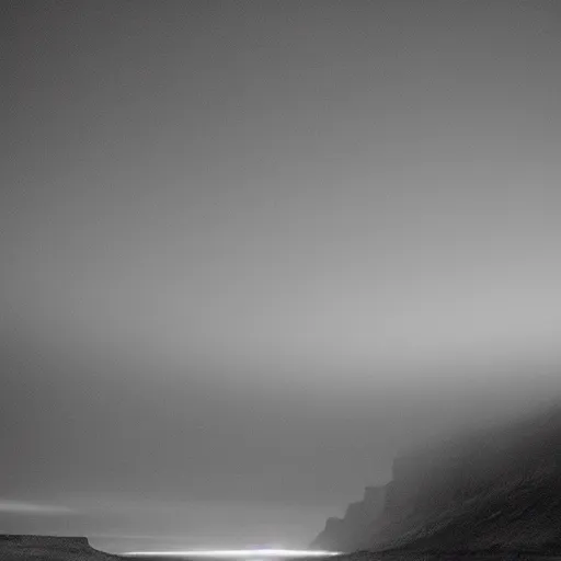 Image similar to minimalist black and white photograph, of an icelandic canyon, time exposure, of a river, in the style of denis villeneuve