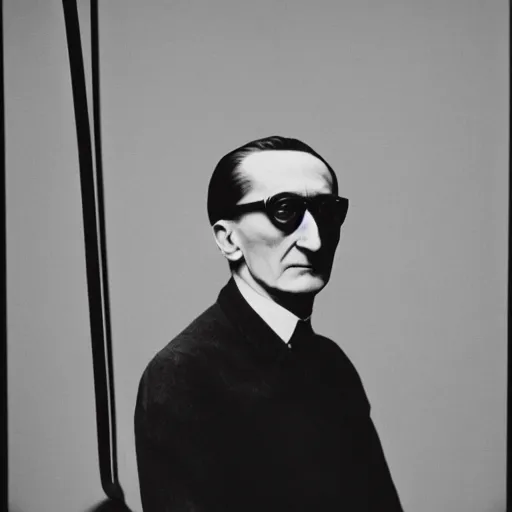 Prompt: Kodachrome portrait of Marcel Duchamp with an technologival machine, archival pigment print in the style of Hito Steyerl, studio shooting, contemporary art