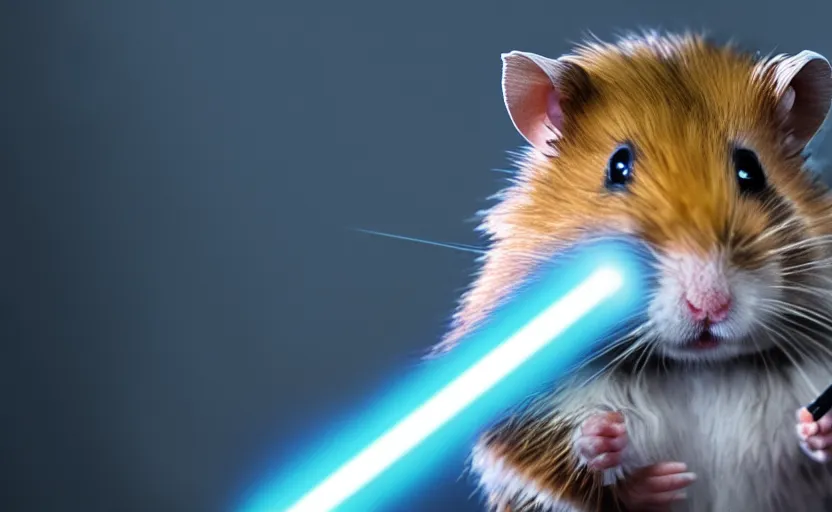 Image similar to hamster, wielding a lightsaber, movie still, star wars, cinematic, sharp focus, cinematic lighting, 8 k