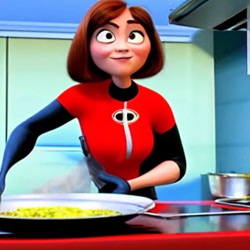 Image similar to film still of helen parr cooking breakfast in incredibles 2