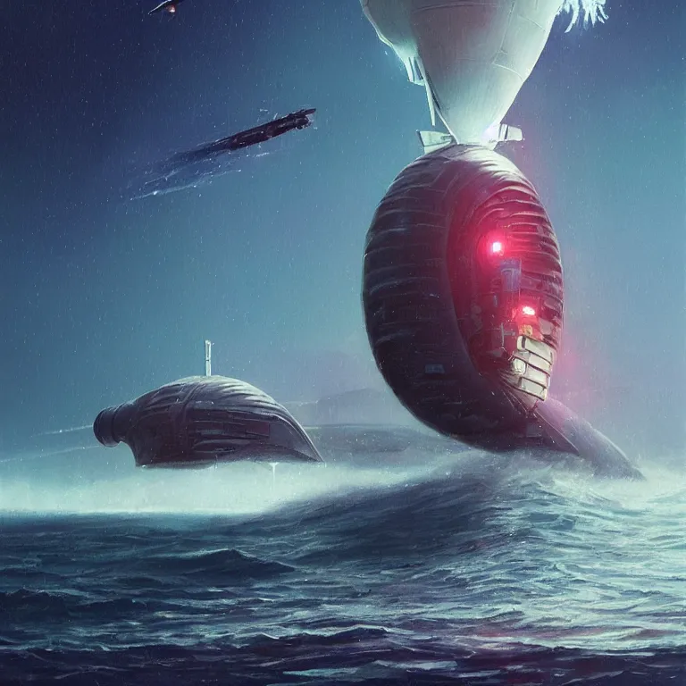 Image similar to mechanical spaceship called the nautilus dripping wet emerging from a the ocean, launching to space, big booster rocket engines, sci - fi concept art, by john harris, by simon stalenhag, stunning, award winning