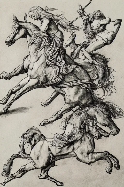 Image similar to “8k ink drawing of Diana huntress in thick forest, Horses in run, intricate in style of Michelangelo and Albrecht Durer, hand made paper”