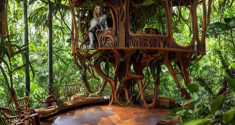 Prompt: A scene from a 2022 Marvel film featuring a cozy art nouveau reading nook in a jungle treehouse. 8K UHD.