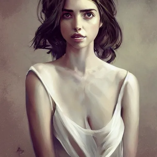 Prompt: portrait of beautiful happy young ana de armas wearing a beautiful silky white dress, half life 2, dishonored 2, painted by greg rutkowski, painted by stanley artgerm, painted by igor kieryluk, digital art, promotional art, trending on artstation