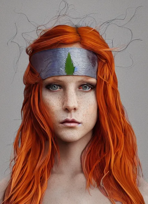 Prompt: beautiful portrait of female Robin Hood, orange flowing hair, magical, forest, sunset, blue mist, rain, symmetrical face, large grey eyes, pale, freckles, natural, freedom, happy, eve, joy, wanderlust, hyper realistic, digital art, octane render, trending on artstation, artstationHD, artstationHQ, unreal engine, 4k, 8k