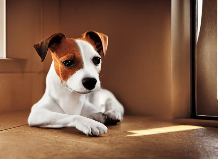 Image similar to photography of a jack russel. watching outside the window. on a bed. in a vintage room full of vinyls and posters, volumetric light, photorealistic, award winning photo, 1 0 0 mm, sharp, high res